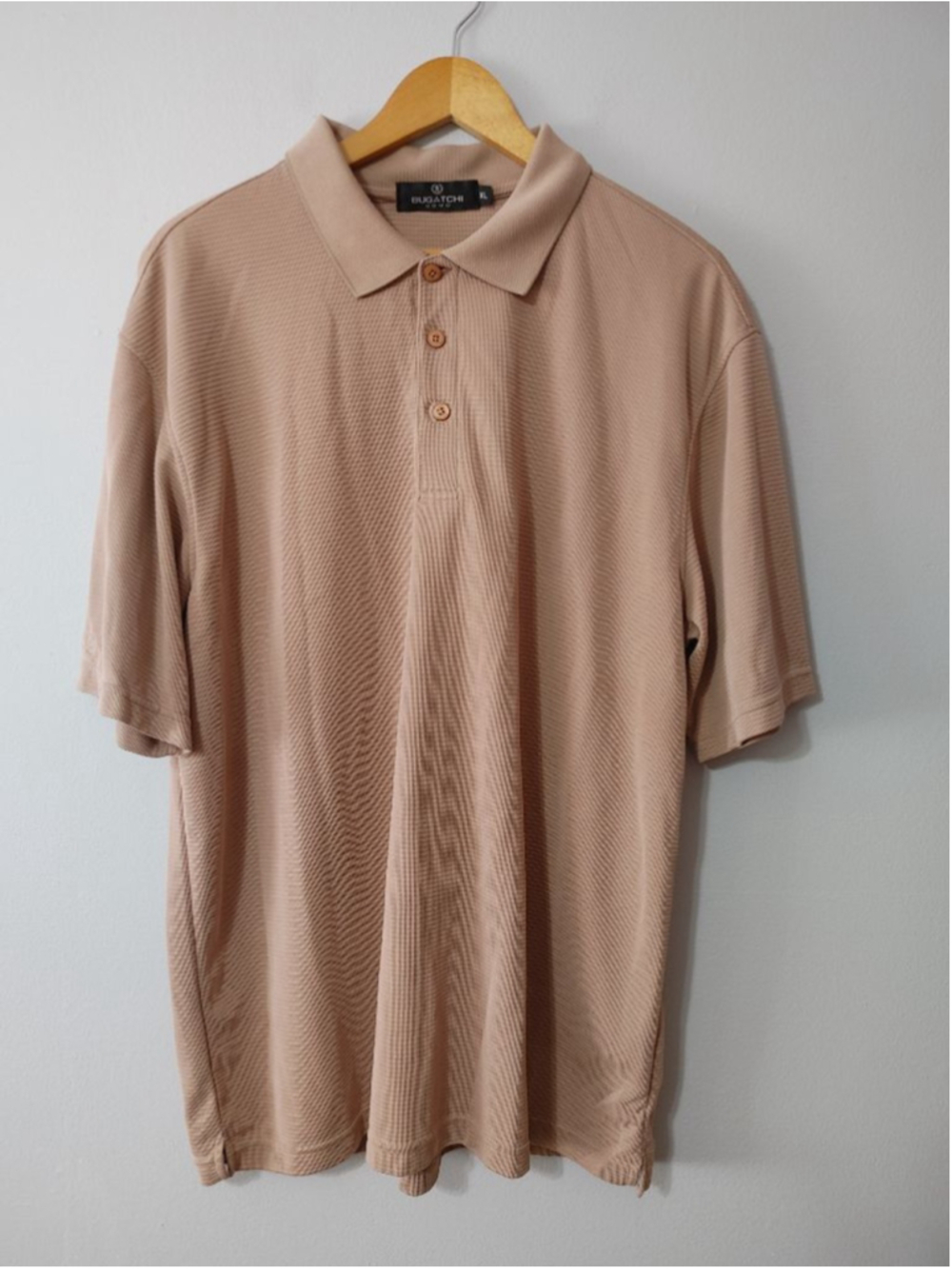Men's Bugatchi Uomo Beige Ribbed 3 Button Polo Modal Rayon/Polyester Shirt XL